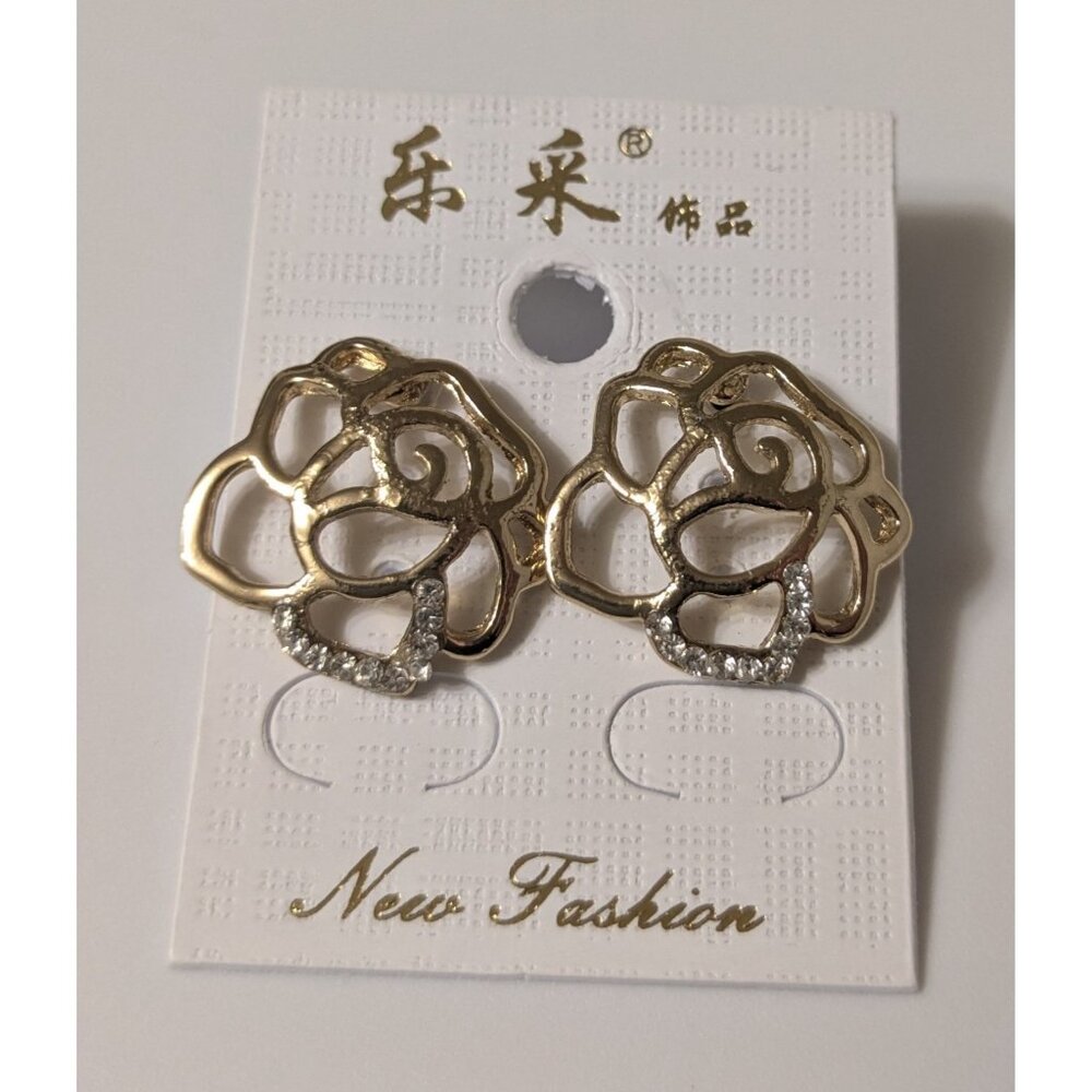 Rose Earrings Gold White Jewel Accent Classic Floral